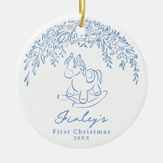 Blue Whimsical rocking horse Baby's 1st Christmas Keramisch Ornament (Voorkant)
