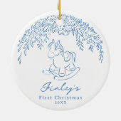 Blue Whimsical rocking horse Baby's 1st Christmas Keramisch Ornament (Achterkant)