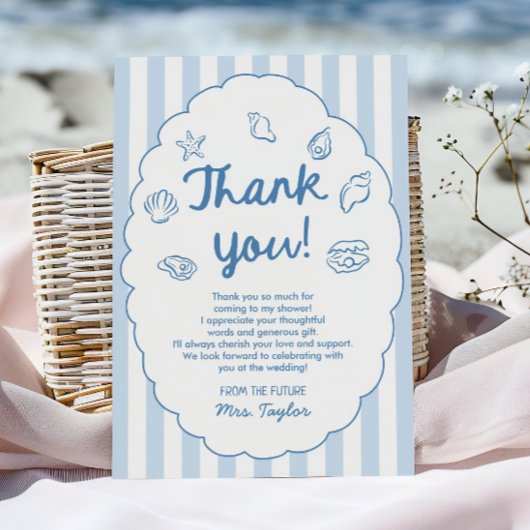 Blue Whimsical Seashell Coastal Bridal Shower Bedankkaart