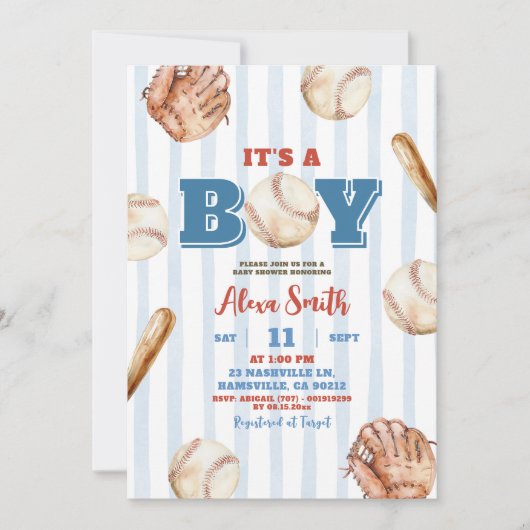 Blue Whimsical Stripe Boy Baseball Baby shower Kaart (Voorkant)