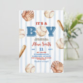 Blue Whimsical Stripe Boy Baseball Baby shower Kaart (Staand voorkant)
