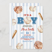 Blue Whimsical Stripe Boy Baseball Baby shower Kaart (Voorkant / Achterkant)