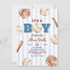 Blue Whimsical Stripe Boy Baseball Baby shower Kaart
