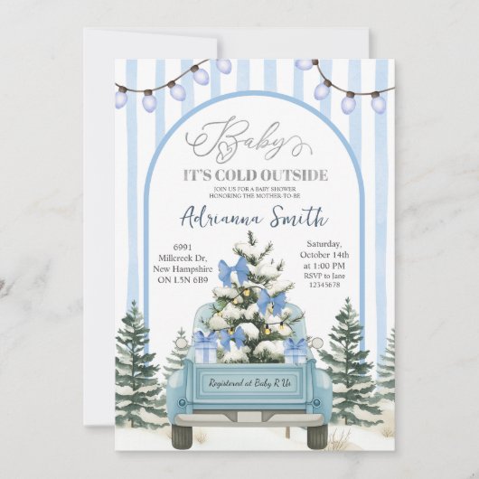 Blue Whimsical Stripes Cold Outside Baby Shower Kaart (Voorkant)