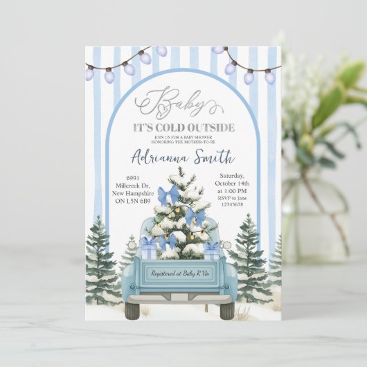 Blue Whimsical Stripes Cold Outside Baby Shower Kaart (Staand voorkant)