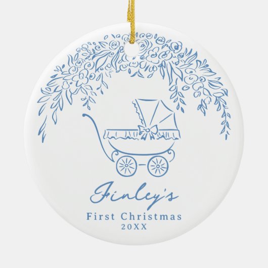 Blue Whimsical Stroller Baby's First Christmas Keramisch Ornament (Achterkant)