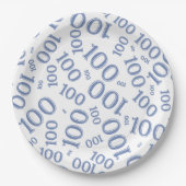 Blue/White 100th Birthday Party Number Pattern Papieren Bordje (Voorkant)