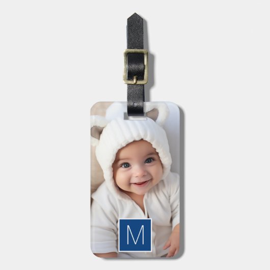Blue White 1 Photo Collage Custom Monogram Bagagelabel (Voorkant verticaal)