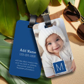 Blue White 1 Photo Collage Custom Monogram Bagagelabel