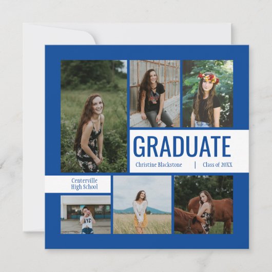 Blue & White 6 Photo Afstuderen Invitation (Voorkant)