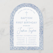 Blue White Arch Floral Boy Baptism First Birthday Kaart (Voorkant)