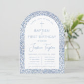 Blue White Arch Floral Boy Baptism First Birthday Kaart (Staand voorkant)