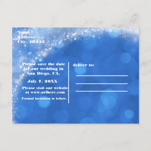 Blue & White Assepoester Carriage Weduwnaar Save D Aankondigingskaart (Achterkant)