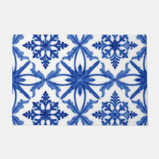 Blue White Azulejo Tile Floral Pattern Deurmat (Voorkant)