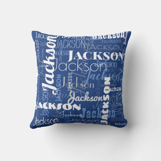 Blue White Baby Name Pattern Modern Typografie Kussen (Achterkant)
