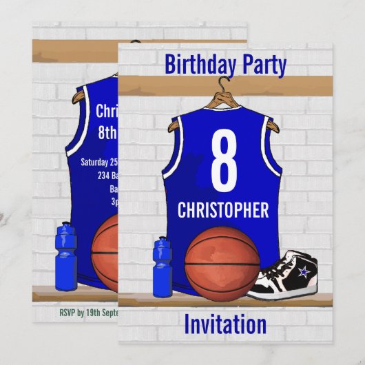 Blue White Basketball Jersey Birthday Party Kaart (Voorkant / Achterkant)