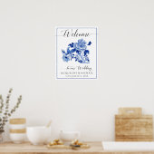 Blue White Bird Chinoiserie Floral Welcome Wedding Poster (Keuken)