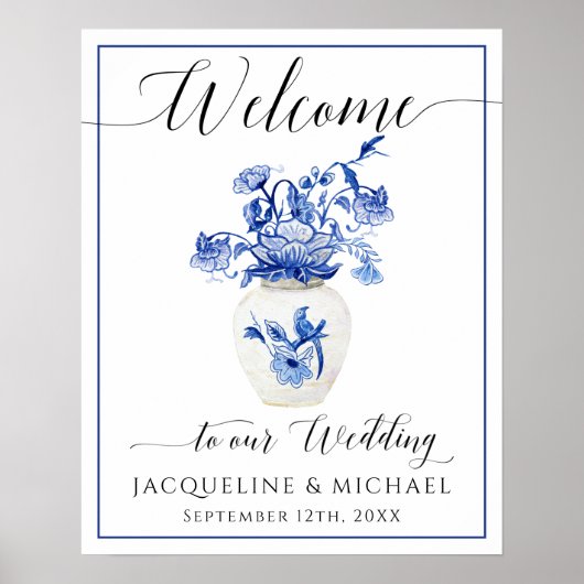 Blue White Bird Floral China Vase Welcome Weddensc Poster (Voorkant)