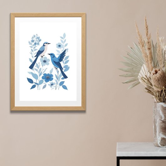Blue White Birds and Floral Flowers Waterverf Poster