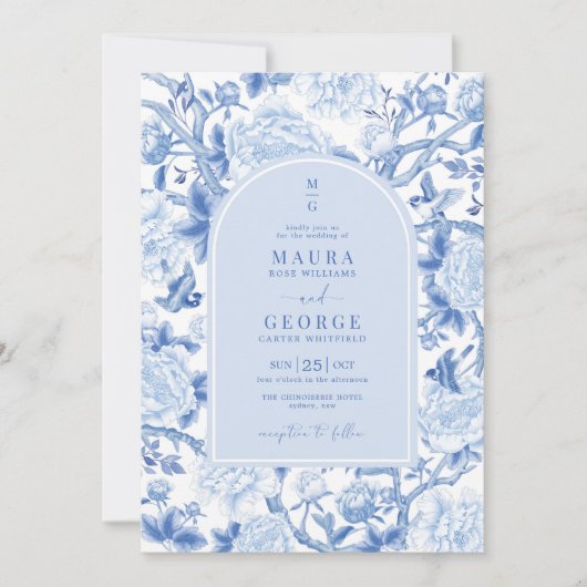 Blue White Birds Peony Chinoiserie Garden Wedding Kaart (Voorkant)