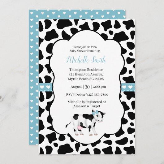 Blue White Black Koe Print Baby shower Uitnodiging (Voorkant / Achterkant)