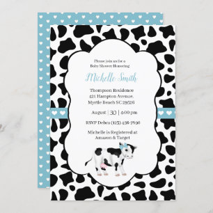 Blue White Black Koe Print Baby shower Uitnodiging