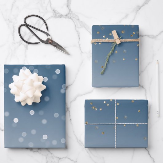 Blue White Bokeh Gold Glitter Confetti Christmas Inpakpapier Vel (Voorkant)