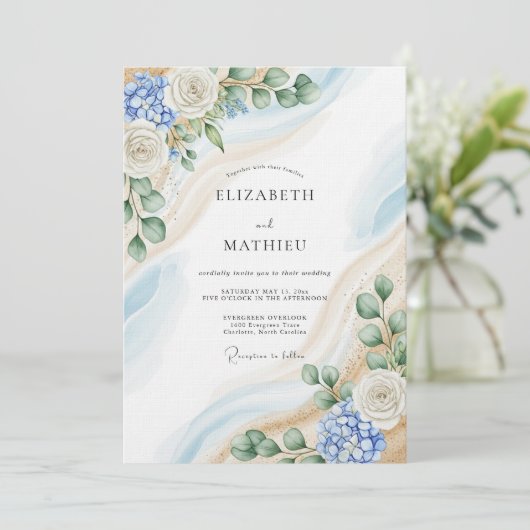 Blue & White Botanical Abstract Wedding Kaart (Staand voorkant)