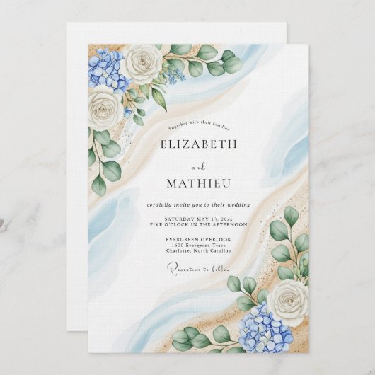 Blue & White Botanical Abstract Wedding Kaart (Voorkant / Achterkant)
