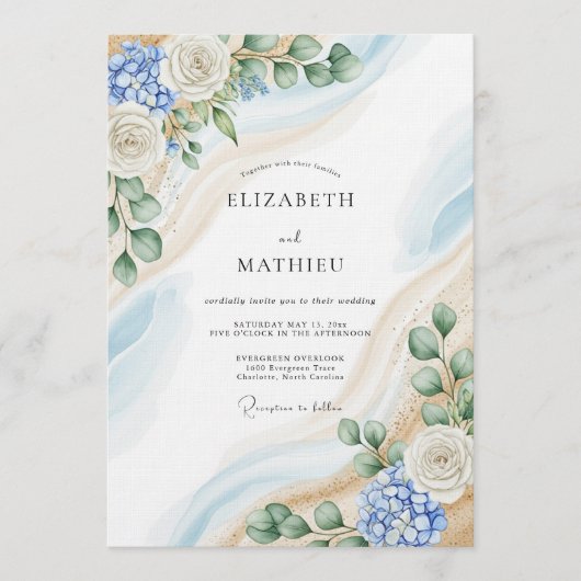 Blue & White Botanical Abstract Wedding Kaart (Voorkant)