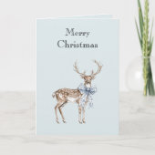 Blue White Bow Christmas Deer Kaart (Voorkant)