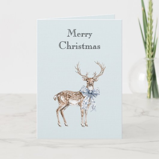 Blue White Bow Christmas Deer Kaart (Voorkant)