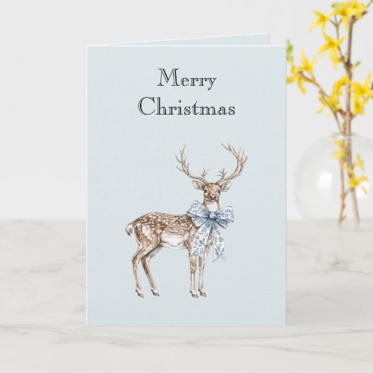 Blue White Bow Christmas Deer Kaart (Gele Bloem)