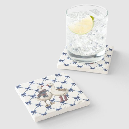 Blue White Bows Geese Christmas Stenen Onderzetter (Zijkant)