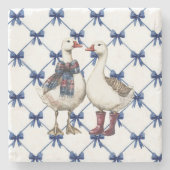 Blue White Bows Geese Christmas Stenen Onderzetter (Voorkant)