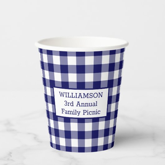 Blue White Buffalo Check Jouw naam Family Picnic Papieren Bekers (Voorkant)