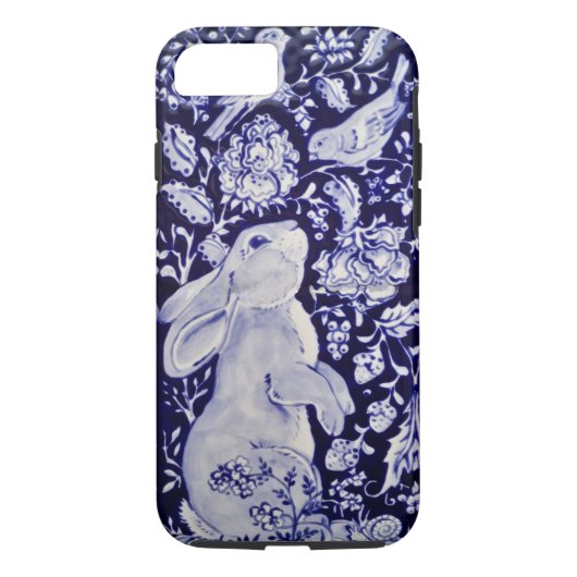Blue White Bunny Rabbit Birds Floral Chinoiserie Case-Mate iPhone Case (Achterkant)