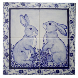 Blue & White Bunny Rabbit Dedham Delft Whimsical Tegeltje