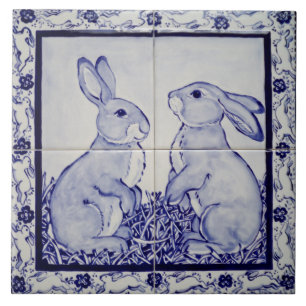Blue & White Bunny Rabbit Dedham Delft Whimsical Tegeltje