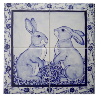 Blue & White Bunny Rabbit Dedham Delft Whimsical Tegeltje
