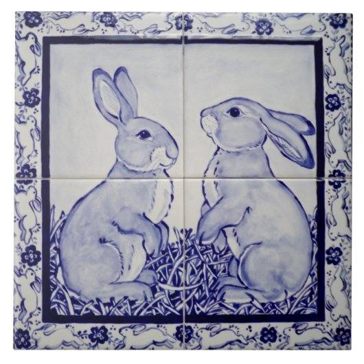 Blue & White Bunny Rabbit Dedham Delft Whimsical Tegeltje (Voorkant)