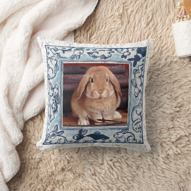 Blue & White Bunny Rabbit Pet Foto Dedham Delft Kussen (Deken)