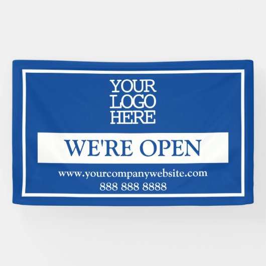 Blue White Business Logo We zijn open Spandoek (Horizontaal)