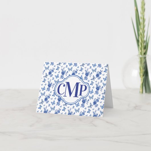 Blue White Butterfly Roos Classic Monogram Opmerki Feestdagen Kaart (Voorkant)