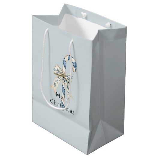 Blue White Candy Canes Bows Christmas Medium Cadeauzakje (Voorkant Gekanteld)