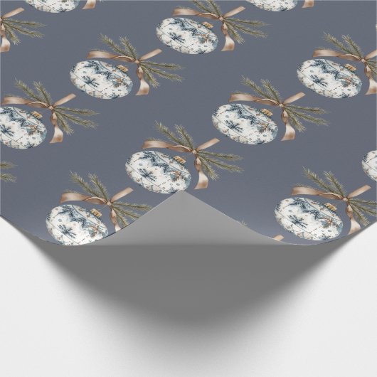 Blue White Champagne Gold Ornaments Christmas Cadeaupapier (Hoek)