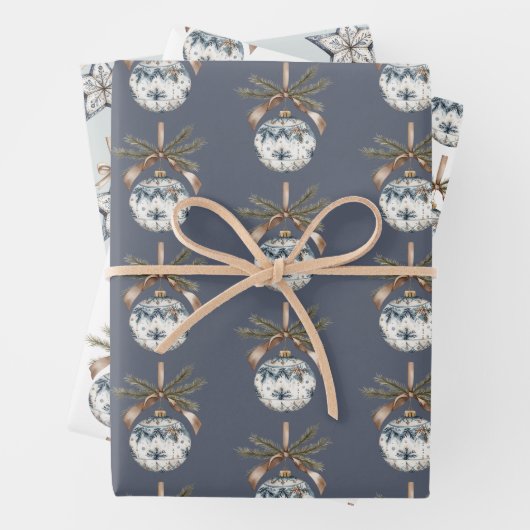 Blue White Champagne Gold Ornaments Christmas Inpakpapier Vel (In situ)