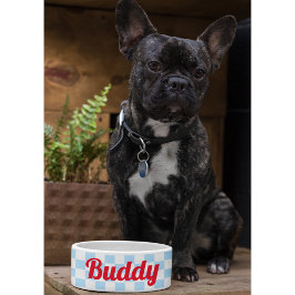 Blue White Checkered Dog Puppy Cat Name Retro Food Voerbakje