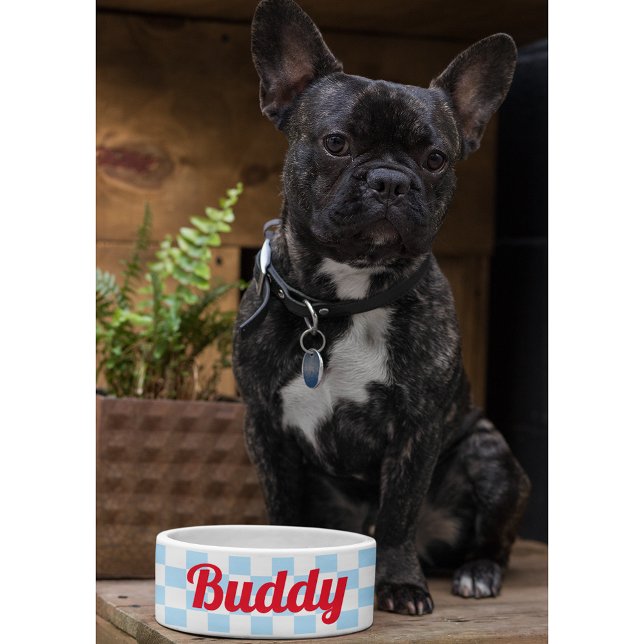 Blue White Checkered Dog Puppy Cat Name Retro Food Voerbakje (Blue White Checkered Dog Puppy Cat Name Retro Food Bowl)