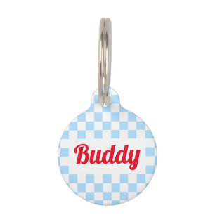 Blue White Checkered Dog Puppy Cat Name Retro Huisdierpenning